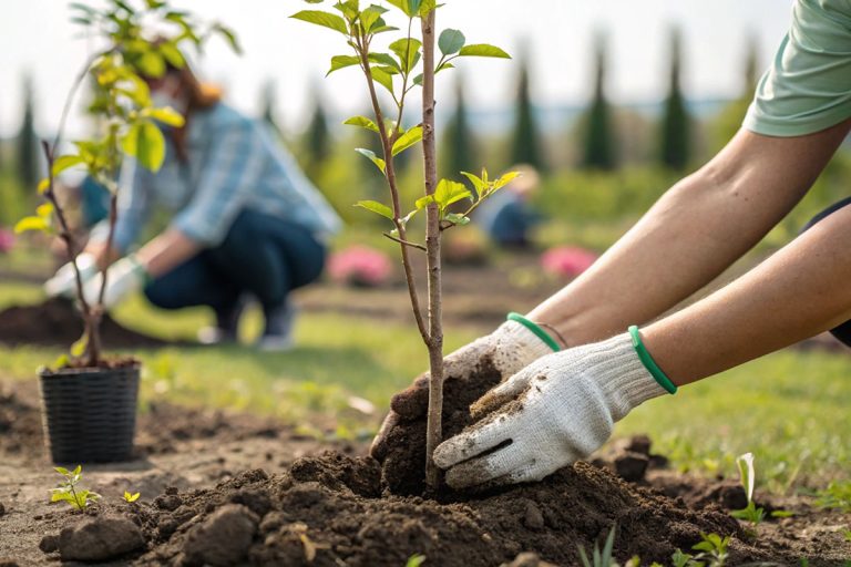 Tree planting activity, gardening hands, nurturing nature, environmental conservation, outdoor teamwork, sustainable practices, community involvement.